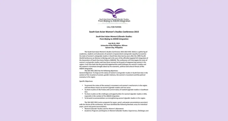 Southeast Asian Women’s Studies Conference 2015 Call for Papers