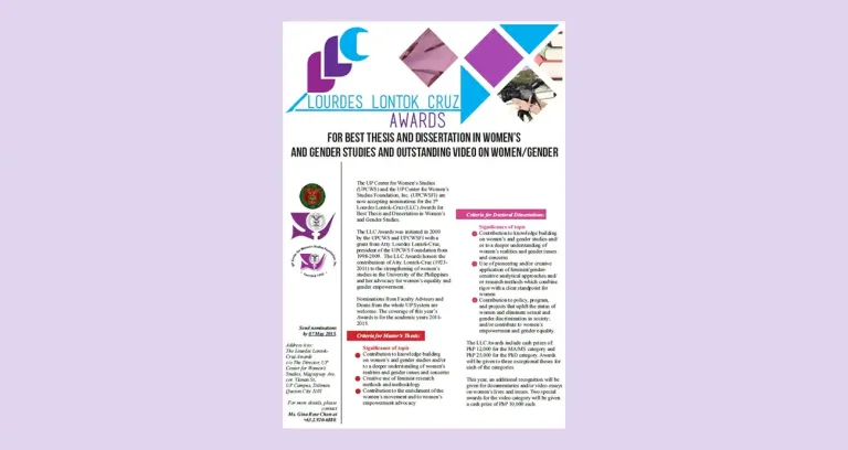 UP Center for Women’s Studies (UPCWS) and UP Center for Women’s Studies Foundation, Inc. (UPCWSFI) Welcome Nominations for the 5th Lourdes Lontok-Cruz (LLC) Awards for Best Thesis and Dissertation in Women’s and Gender Studies